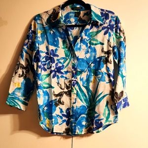 Lauren Ralph Lauren Linen Button Up Shirt Womens size small Blue Floral Tropical